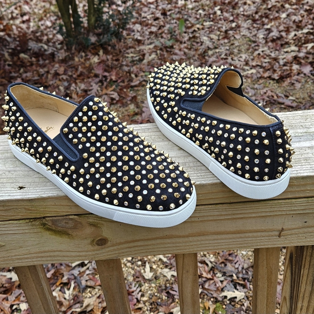 Men's Christian Louboutin Black Suede Spike-Studded Luxury Loafers Size 10 US - Picture 9 of 16
